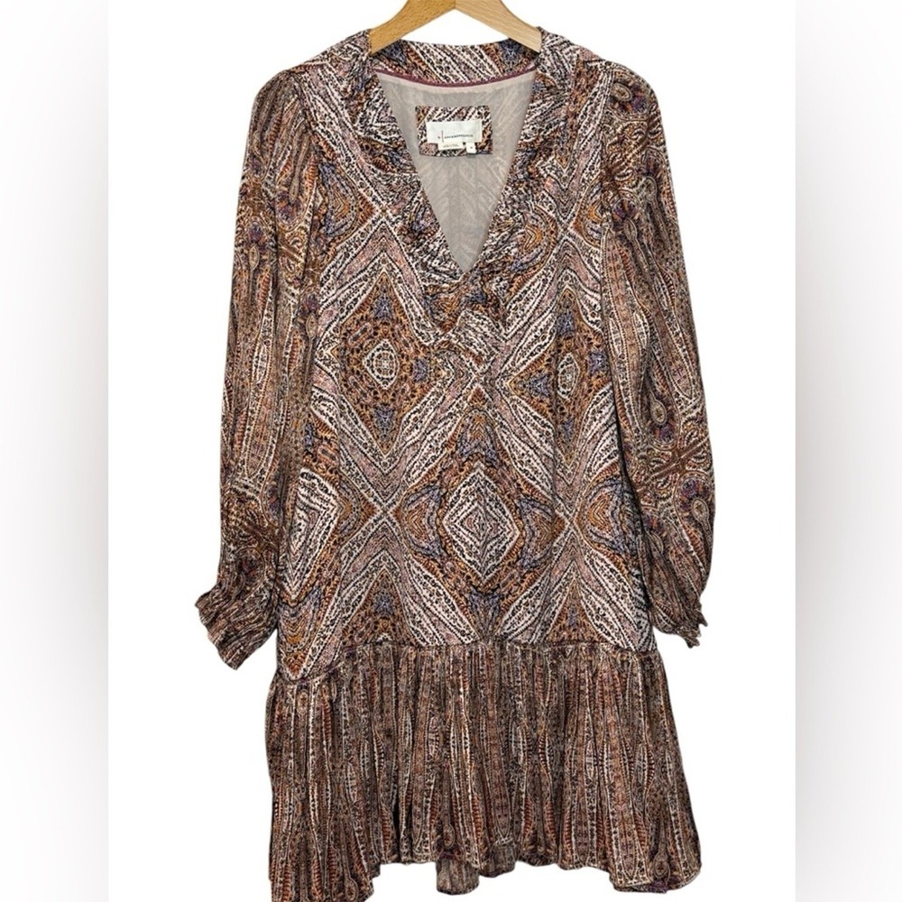 Anthropologie Paisley Medallion Tiered Ruffle Mini Shift Dress Womens SP Brown - Picture 3 of 7